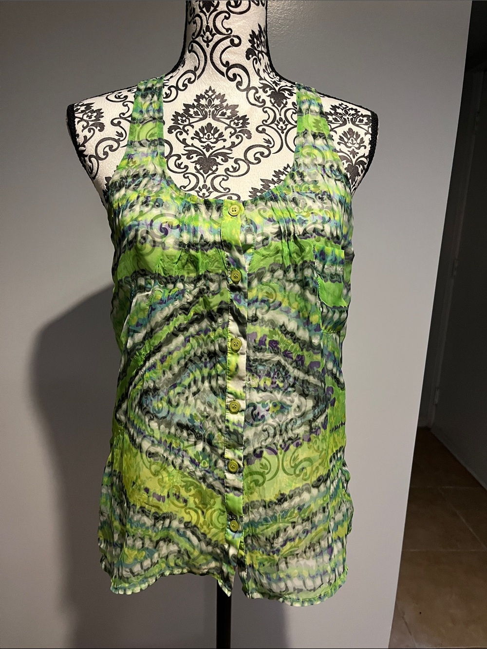 Sheer Sleeveless Button-Front Camisole in Bright Lime Green Print